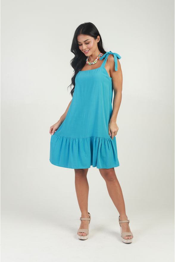 Vestido Viscose Com Babado Azul - Gazzy