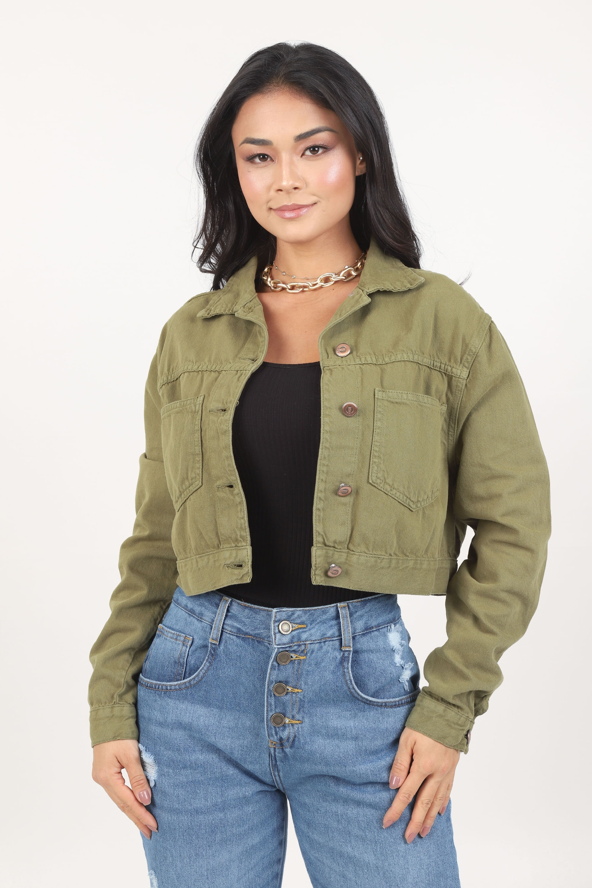 Jaqueta Cropped de Sarja Verde Militar - Gazzy