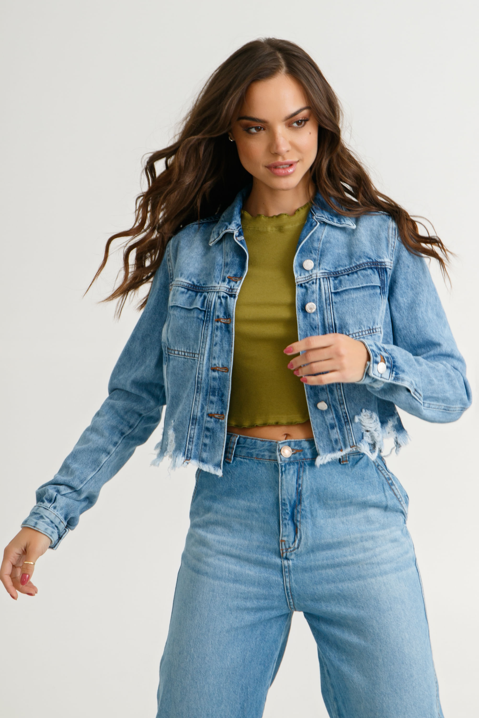 Jenny Jaqueta Jeans Cropped Barra Desfiada - Gazzy